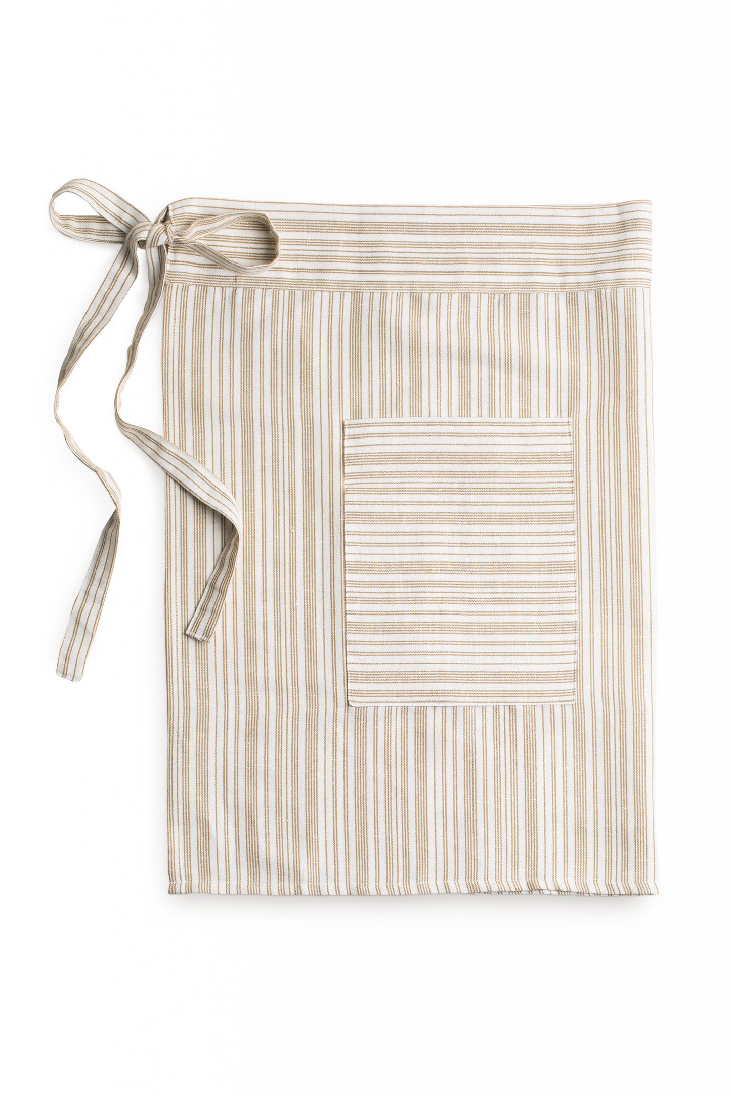 This Garden Half Apron by Bonnie Christine, made from breathable cotton-linen in a goldenrod stripe, features a flattering wrap-around fit, two roomy front pockets, and a soft, lived-in feel, perfect for baking, gardening, or creative work.