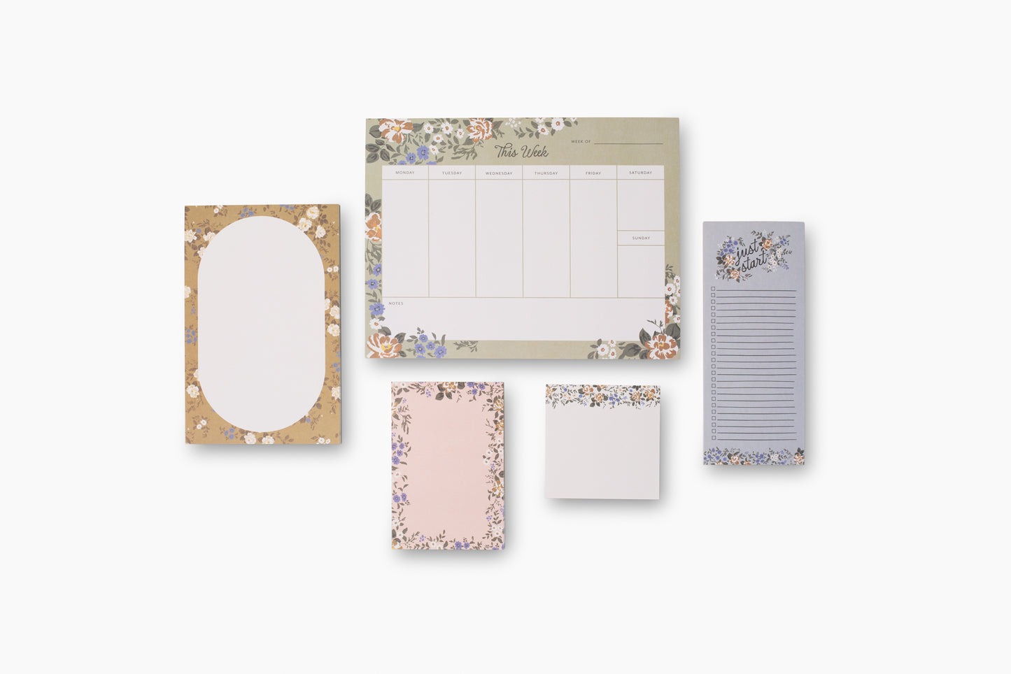 This stationery collection by Bonnie Christine includes the Blossom Mini Note Block, Blossom Small Notepad, Blossom Large Notepad, Blossom Weekly Planner Notepad, Blossom List, all adorned with delicate floral designs, perfect for adding beauty to everyday planning, note-taking, and list-making.
