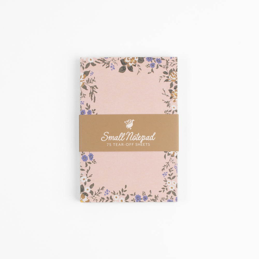 Blossom Small Notepad desk stationery with floral design, 75 tear-off pages, chipboard backer, and portable 3x5-inch size, designed by Bonnie Christine, perfect for jotting quick notes or to-dos at home, work, or while traveling.